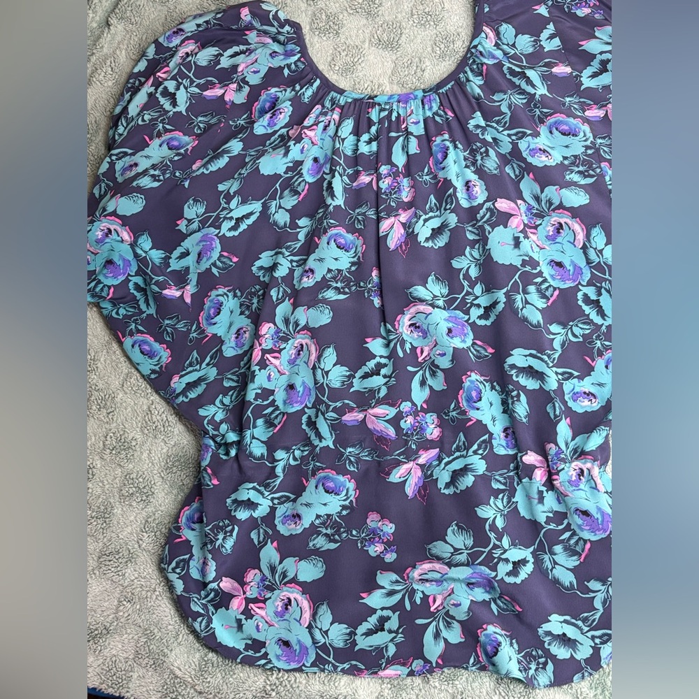 Rebecca Taylor Floral Silk Tie-Waist Blouse Purple Teal Short Sleeve Top - Picture 6 of 6